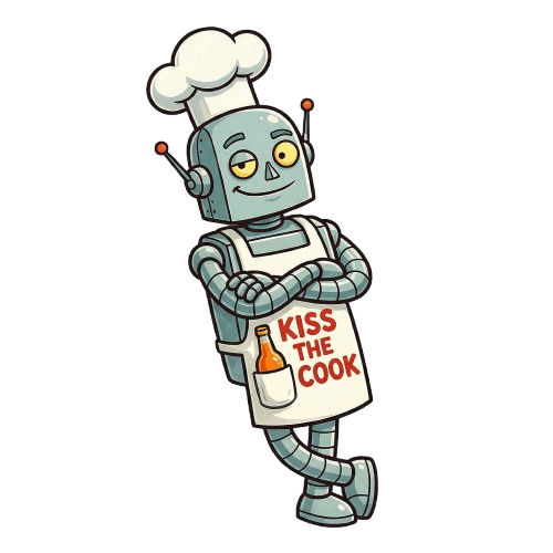 Mr. Sauce wearing a Kiss The Cook apron