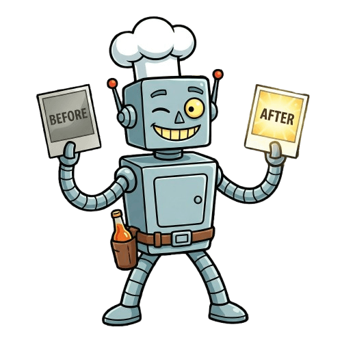 Mr. Sauce robot mascot holding before and after photos